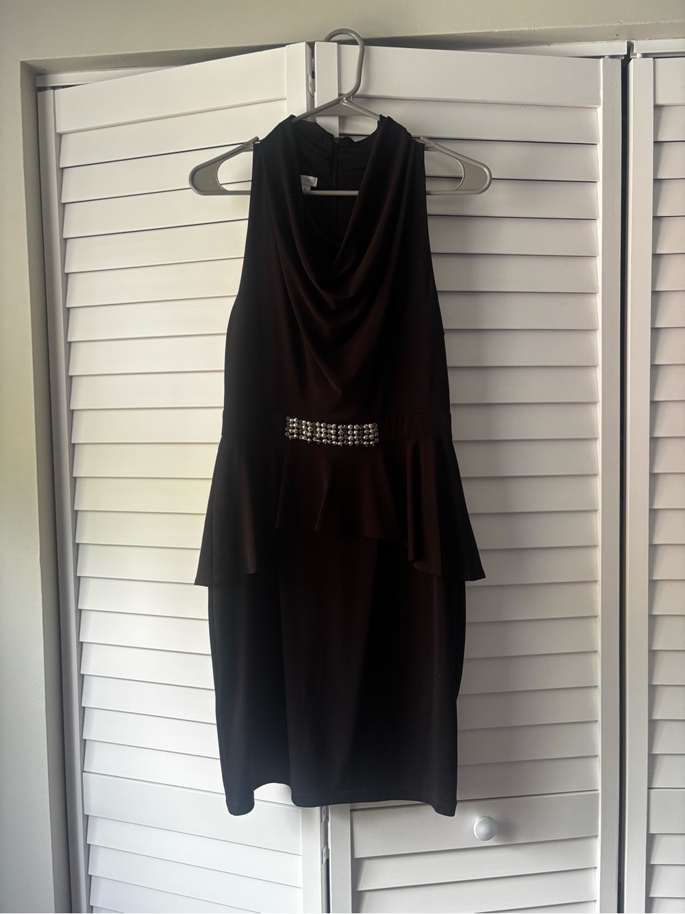 London Times Black Sleeveless Peplum Dress with Jeweled Waist